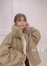 ZHG8113韩版蝙蝠款可脱卸真狐狸毛领内胆獭兔毛皮草派克服，女装皮草，L·H·X
