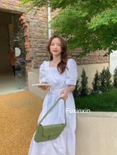 现货!方领褶皱净版宽松泡泡袖连衣裙(配腰带)，女装连衣裙，FUXINXIN 福歆歆