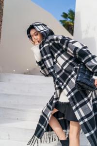 冬季新款 黑白大格纹流苏双面呢大衣，女装，AUDREY WANG