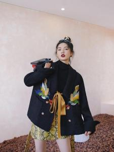 黑色粗纺绣花夹棉外套,女装,YOUER DENG