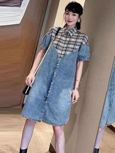 AX306欧洲站格子拼接衬衫牛仔连衣裙2021新款洋气减龄,女装衬衫,L·H·X