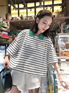 韩版条纹POlO上衣，百搭,女装,一杭