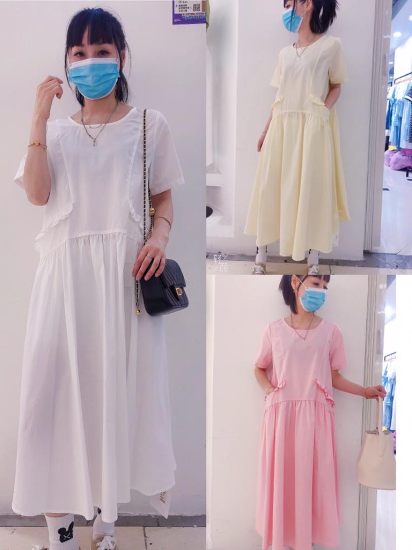 夏季新款木耳边口袋连衣裙，女装连衣裙，流行风暴