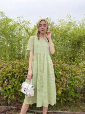 夏季小格子连衣裙，女装连衣裙，依岸