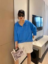 【现货】夏季新款针织连帽半拉链时尚刺绣圆领七分袖卫衣，女装卫衣/绒衫，微迪菲