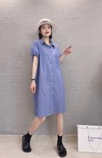 XL9915欧货韩版2021夏装新款翻领泡泡袖抽绳条纹连衣裙，女装连衣裙，L·H·X