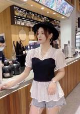 V领拼接小衫，女装，萌蔻