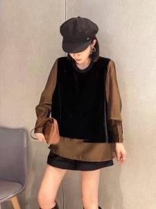 DG826洋气拼接丝绒假两件衬衫,女装衬衫,L·H·X
