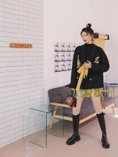黑色粗纺绣花夹棉外套，女装，YOUER DENG