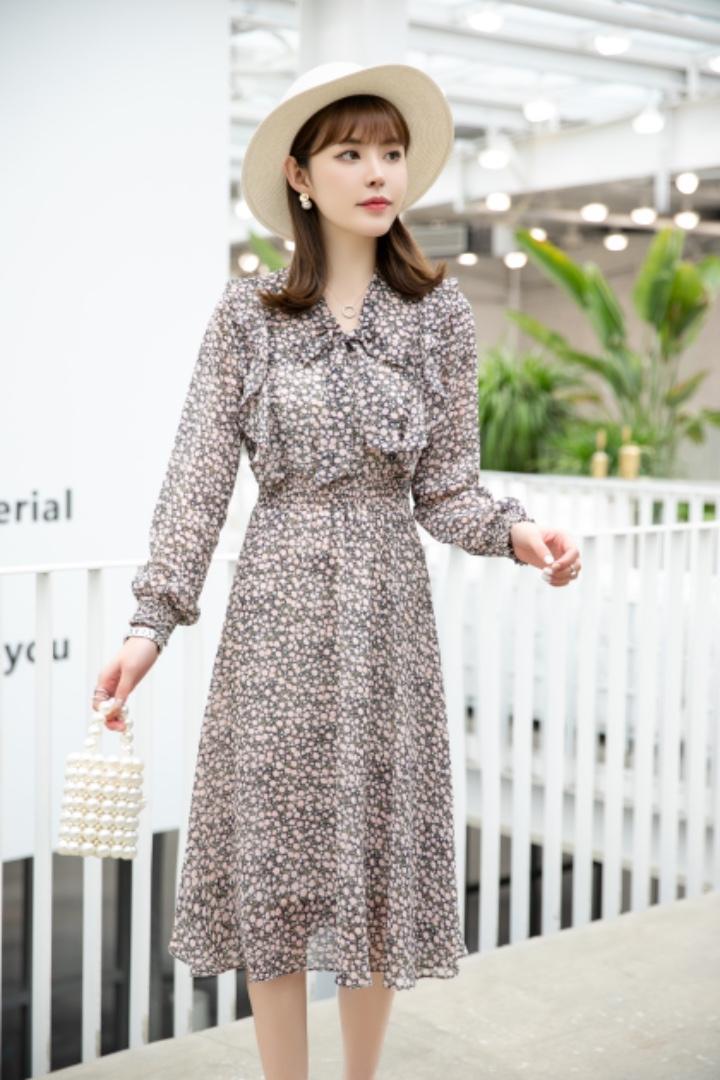 【现货】春季新款飘带碎花连衣裙淑女，女装连衣裙，笑思源