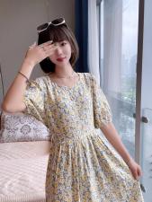 ZCL619夏季新款韩版套头圆领系带法式泡泡袖碎花连衣裙，女装连衣裙，L·H·X