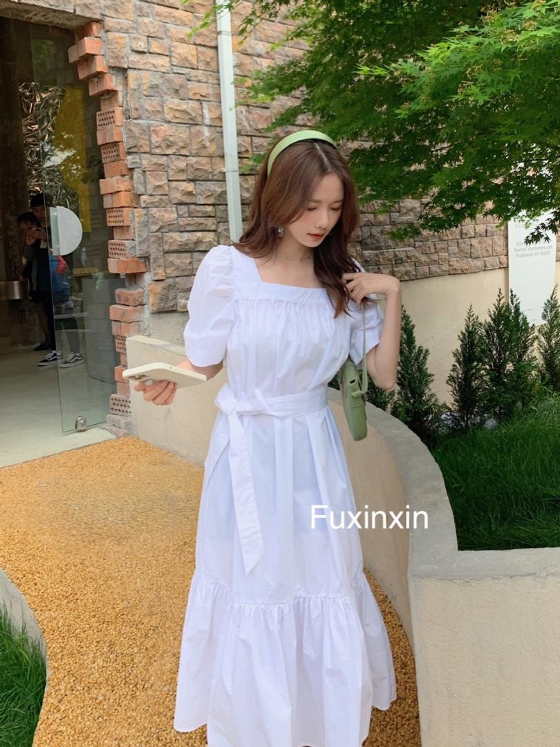 现货!方领褶皱净版宽松泡泡袖连衣裙(配腰带)，女装连衣裙，FUXINXIN 福歆歆