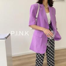 现货夏季新款棉麻彩织短袖西服当季连衣裙，女装连衣裙，PINK