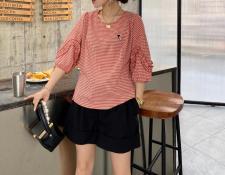 【现货】夏季新款格子花边七分袖时尚休闲薄款上衣，女装，微迪菲