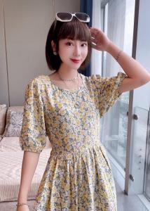 ZCL619夏季新款韩版套头圆领系带法式泡泡袖碎花连衣裙,女装连衣裙,L·H·X