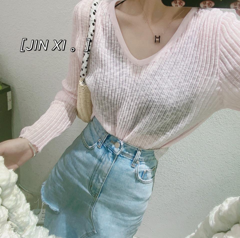 竹节麻V领针织小衫，女装，金翕服饰