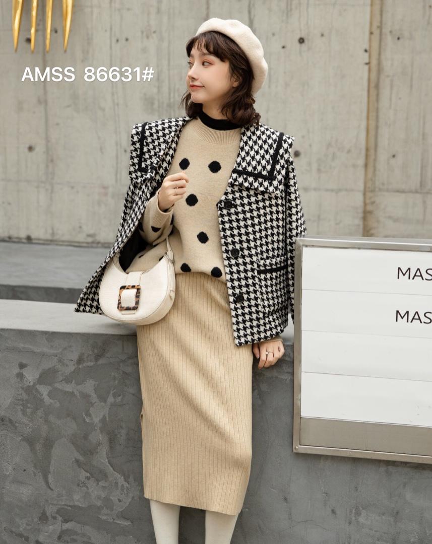格子短款呢料外套，女装，AMSS 艾玛莎莎
