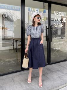 夏季新款 蓝色格子木耳边休闲淑女套裙,女装,水锦红