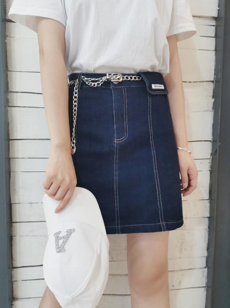 弹力深蓝牛仔短裙内里防走光带弹力安全裤S一XL，女装，简 影