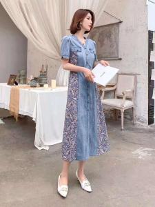 夏季新款 韩版牛仔碎花连衣裙,女装连衣裙,裳之恋语