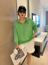 【现货】夏季新款针织连帽半拉链时尚刺绣圆领七分袖卫衣，女装卫衣/绒衫，微迪菲