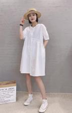 XL9917韩版夏季新款圆领宽松显瘦打褶皱单排扣中长款连衣裙，女装连衣裙，L·H·X