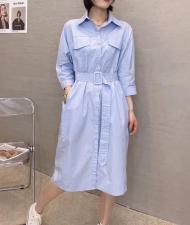 XL9905春季新款时尚气质优雅系带收腰显瘦衬衫双口袋连衣裙，女装衬衫，L·H·X
