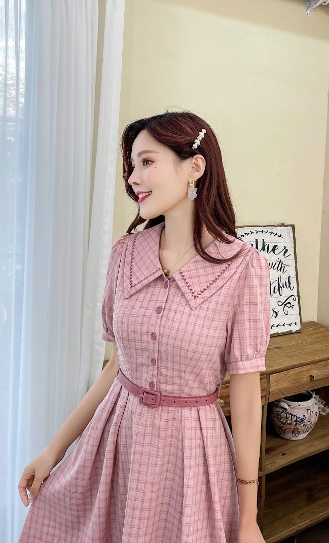 现货2021夏装新款品牌贴牌款领上刺绣淑女连衣裙M-XXL，女装连衣裙，艾涵