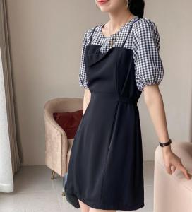 现货夏款。格子拼接连衣裙,女装连衣裙,谷斯