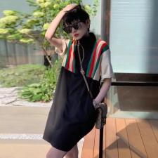 DG885欧洲站夏装女2021新款欧货潮牌宽松撞色休闲T恤裙，女装T恤，L·H·X
