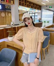 后系带花边领格子上衣，女装，斐伦缇娜