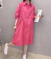 XL9906新款高级感大口袋套头抽褶长款短袖宽松韩版衬衫裙，女装衬衫，L·H·X