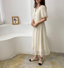 韩系V领波点连衣裙，女装连衣裙，土布鱼