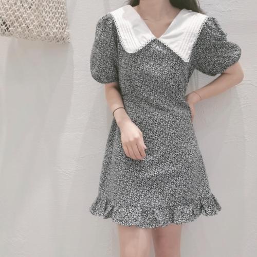 超爆连衣裙！韩版大翻领修身清新碎花,女装连衣裙,YI MAN
