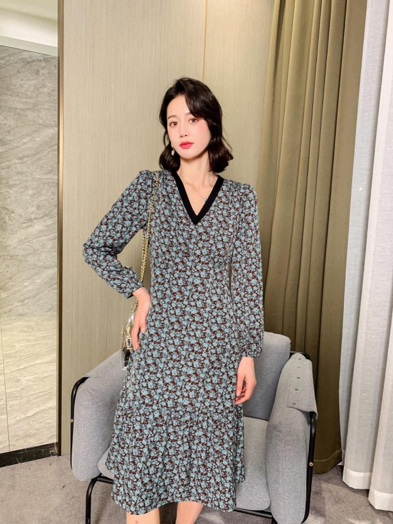 【现货】2021年春季新款修身显瘦长袖V领连衣裙，女装连衣裙，荷塘月色