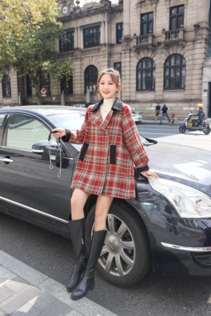 格子绒加棉大衣，女装，米娜·丹怡