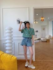 【现货】2021夏季新品百搭绿格子上衣，女装，blue face