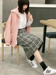 后门开叉松紧格子百搭格子裙,女装,昕叶良品