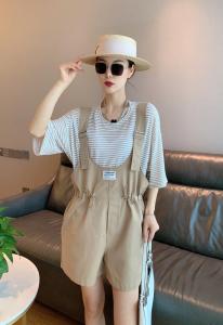 夏季休闲条纹背带短裤,女装,水锦红