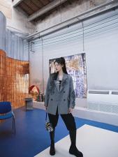 夹棉千鸟格西装外套，女装西装，YOUER DENG