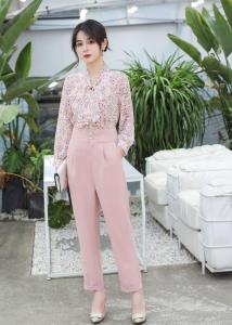 夏季新款 韩版粉色提花气质淑女套裤,女装,水锦红