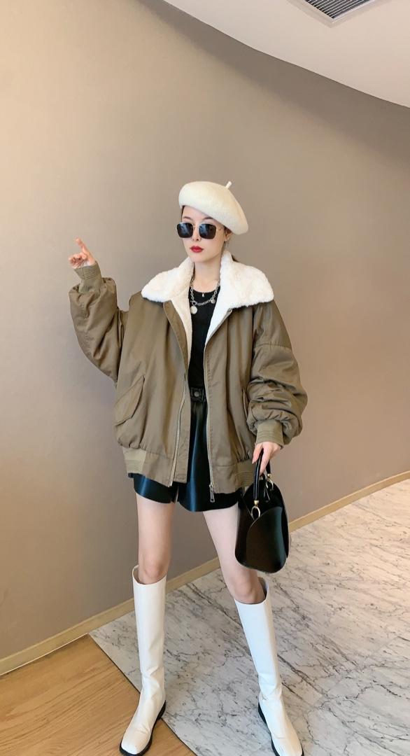 仿羊羔毛领短款派克服，女装，肆尔