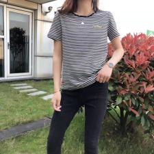 AX8011夏季休闲百搭刺绣条纹纯棉短袖T恤，女装T恤，L·H·X
