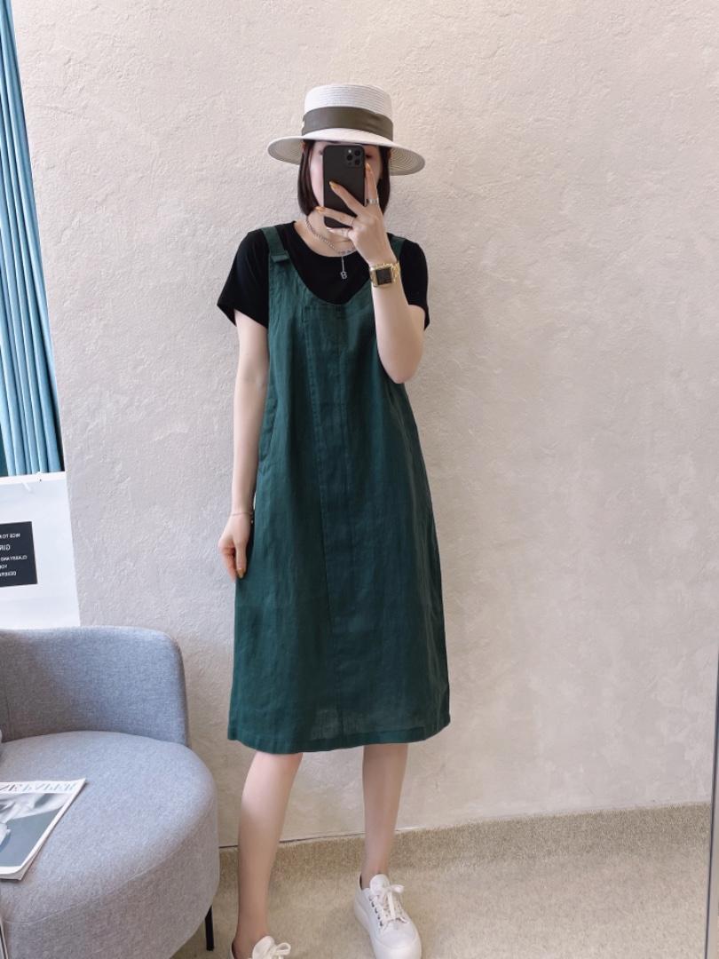假两件套麻料连衣裙，女装连衣裙，依伊贝诺