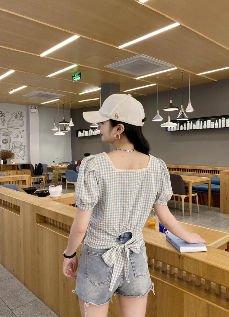 后系带花边领格子上衣，女装，斐伦缇娜