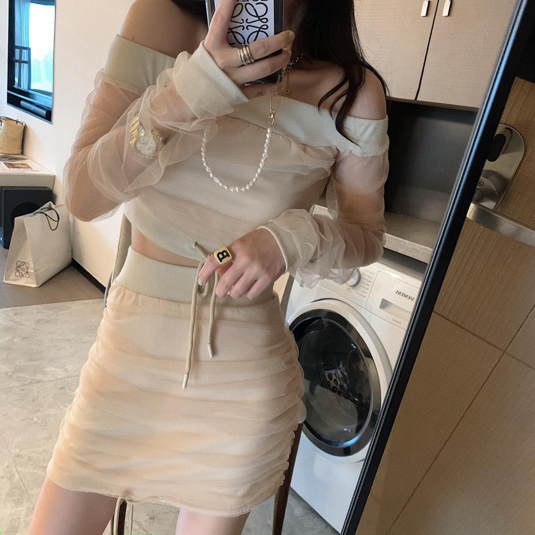 一字领网纱两件套，女装，XTZ style