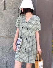 欧韩风V领格子连衣裙，女装连衣裙，非次元