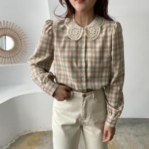 撞色翻领格子衬衫,女装衬衫,土布鱼