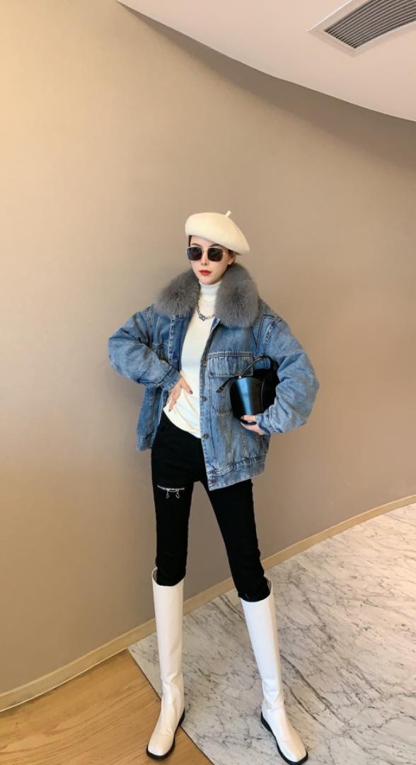 中长款狐狸毛领派克服，女装，肆尔