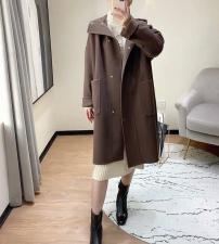 SL20129连帽双口袋长款百分百羊毛双面呢大衣，女装，L·H·X